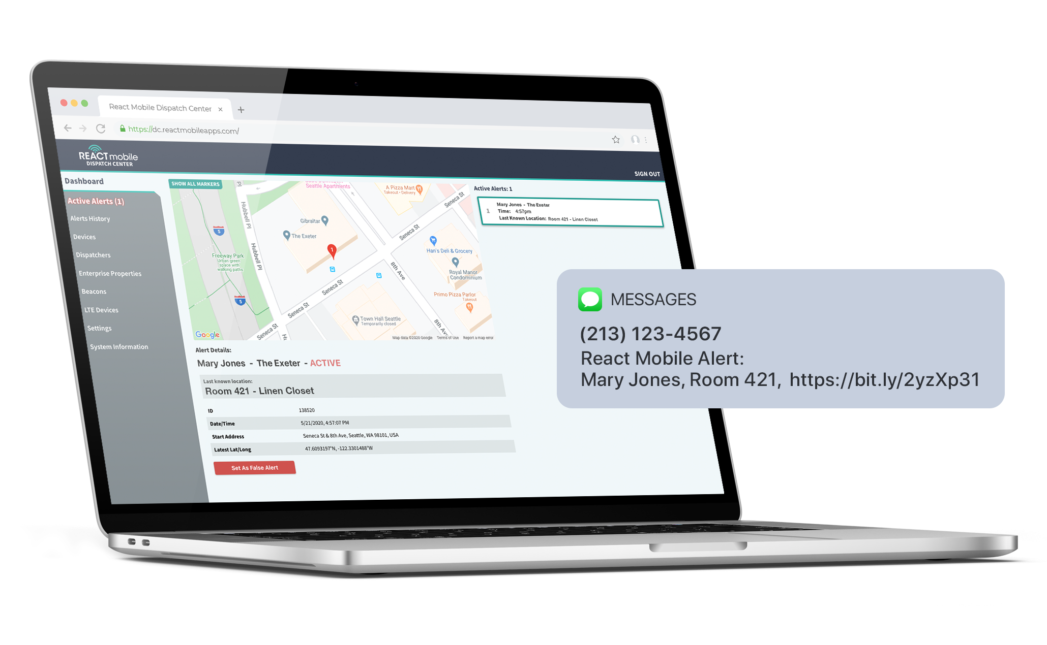 react mobile dispatch center sms message alert